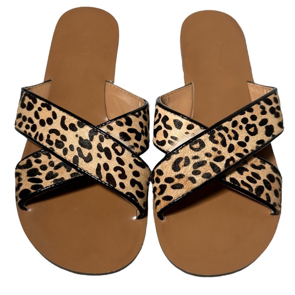 J. Crew Sandals 7 Seaside Crisscross Leopard Pony Hair Leather E8847 - Picture 4 of 11